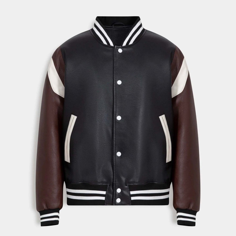 Faux Leather Varsity Bomber Jacket